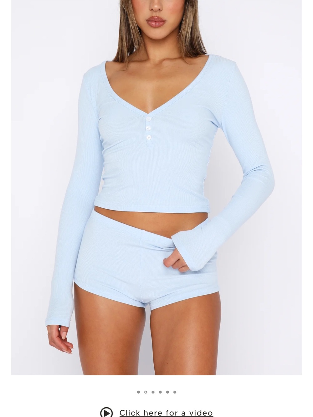 White Fox Boutique Baby Blue Ribbed Long Sleeve Crop Top and matching Shorts set